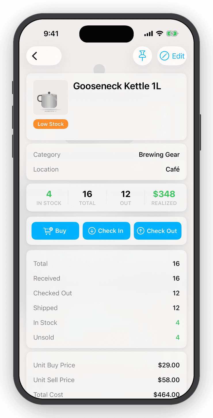Item screen in check-out mode: 4 in stock, 12 out, with Check In and Check Out buttons
