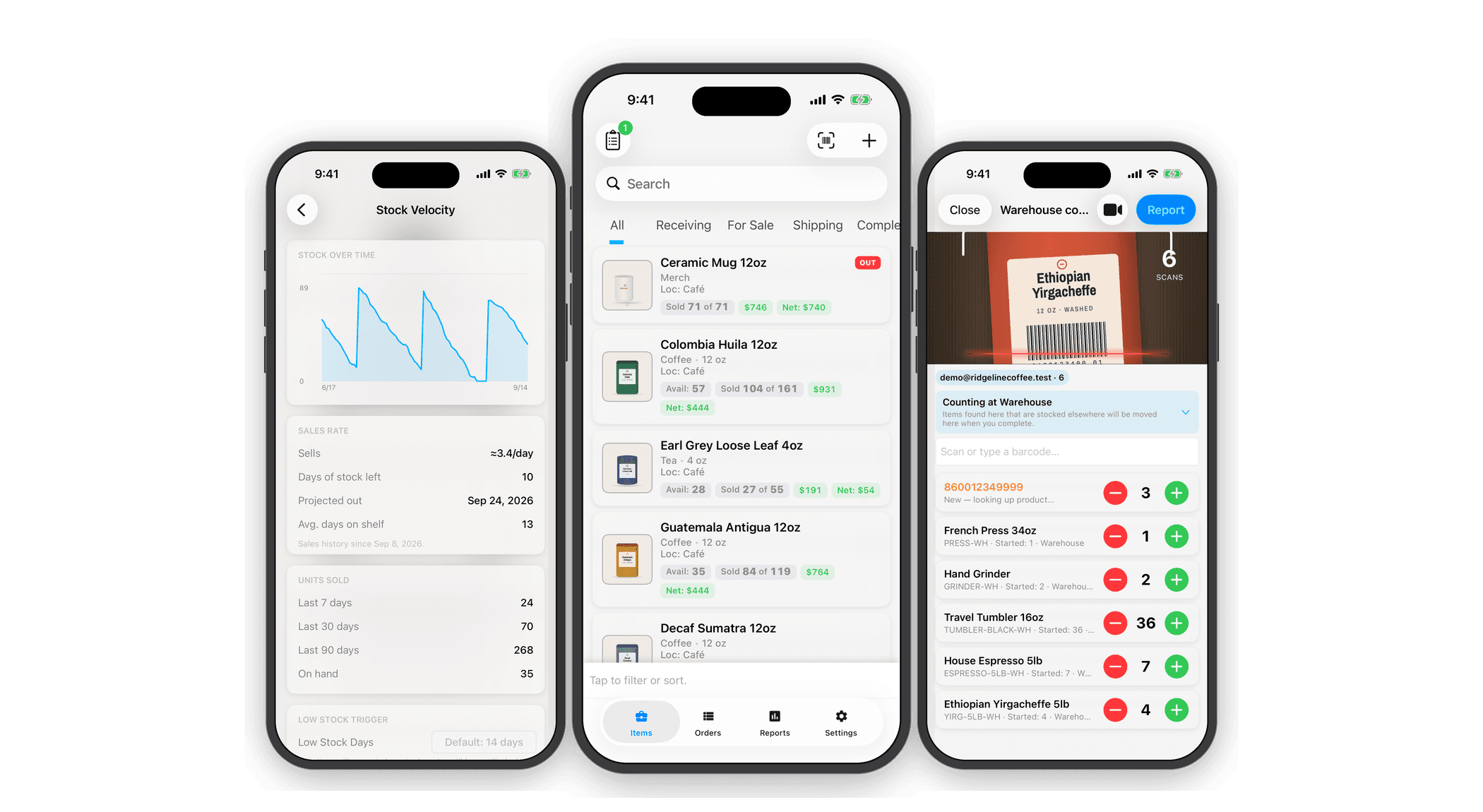 Three iPhones showing Inventory Now reports, items list and barcode scanning