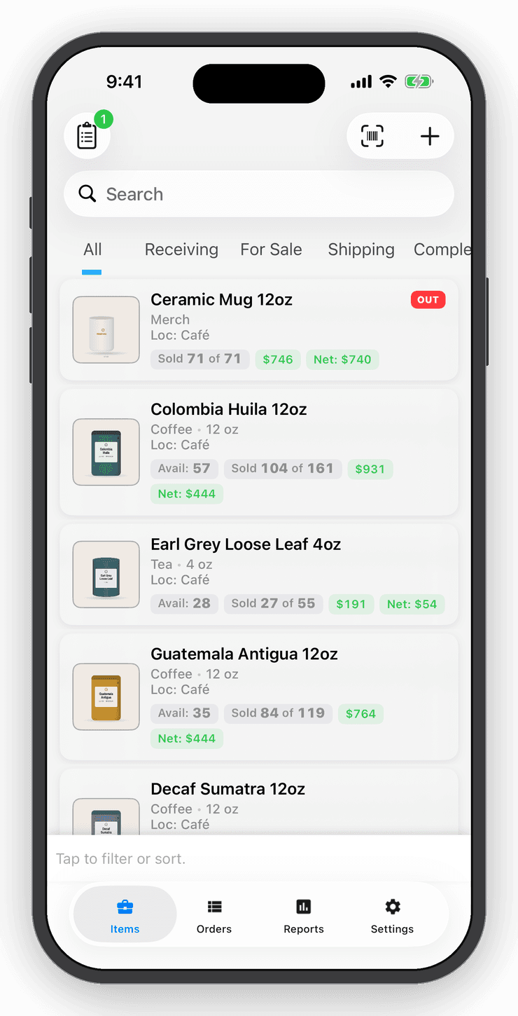 Inventory Now items list on iPhone
