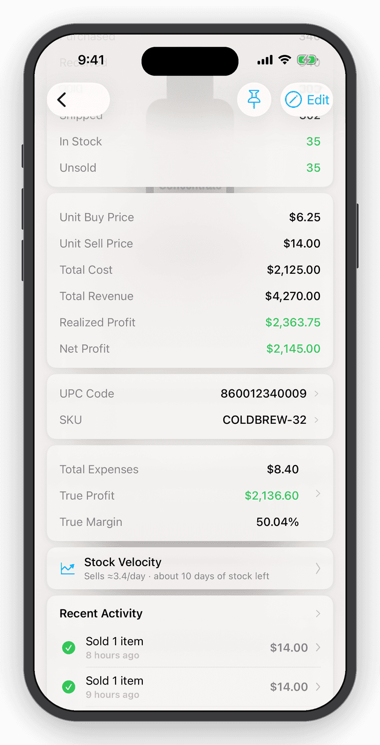 Item detail with cost, price, true profit and stock velocity