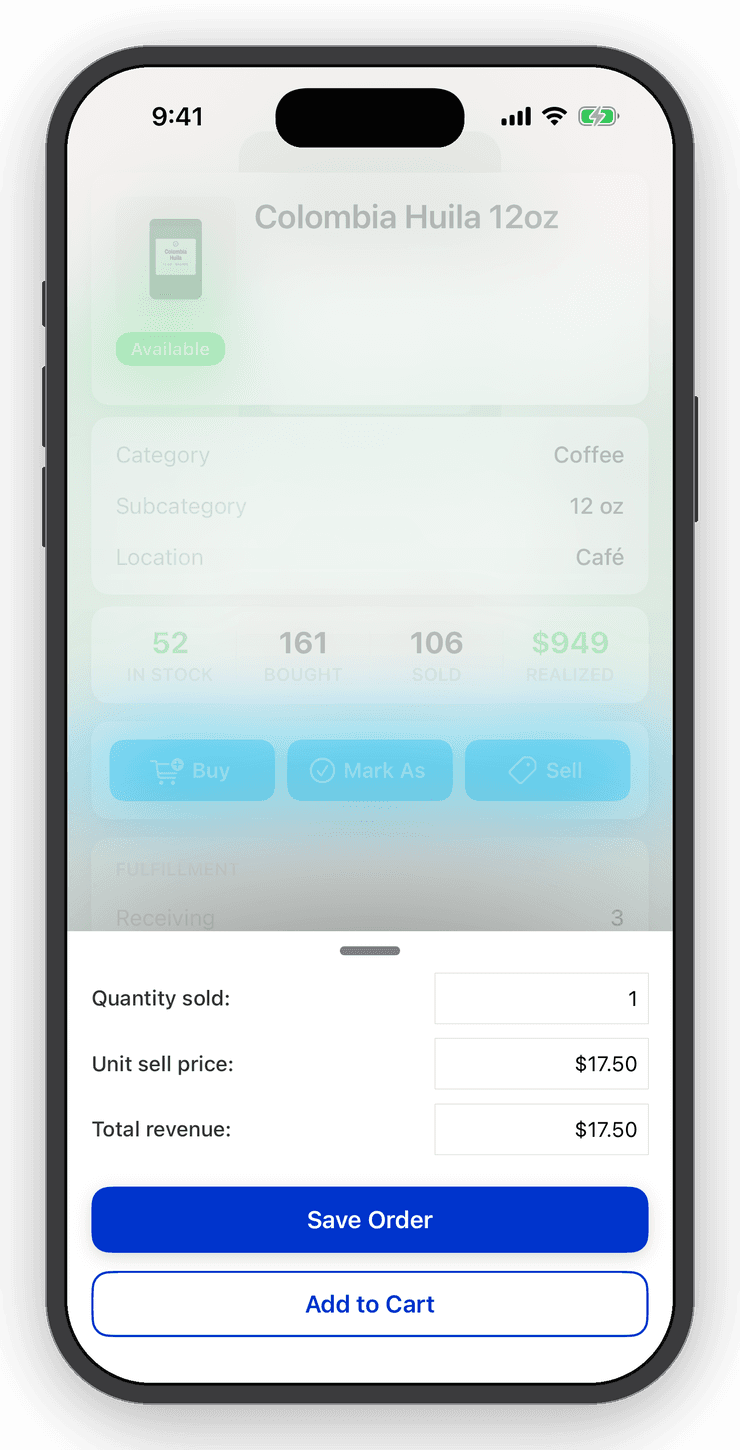 Inventory Now item screen with the Mark As sheet showing Bought, Received, Sold and Shipped