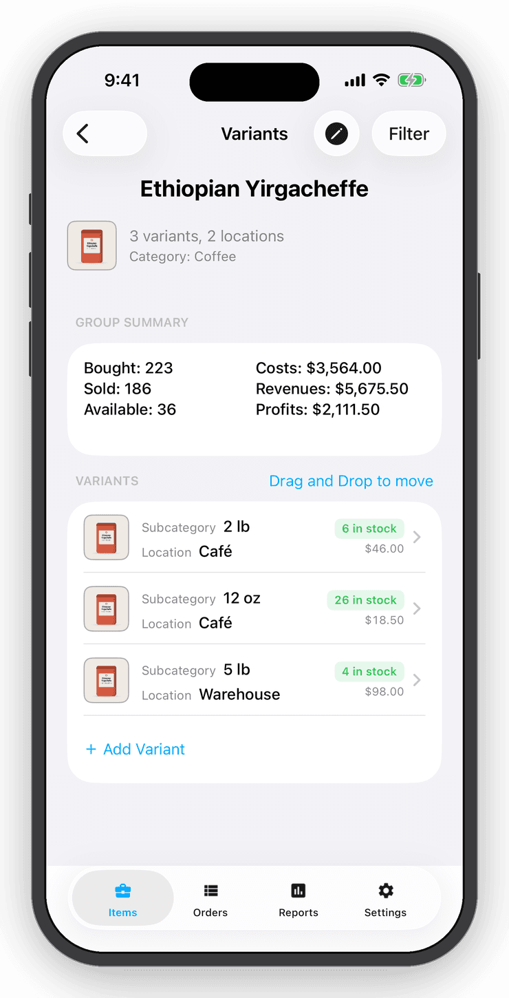 Variant group screen showing a product across sizes and locations with totals