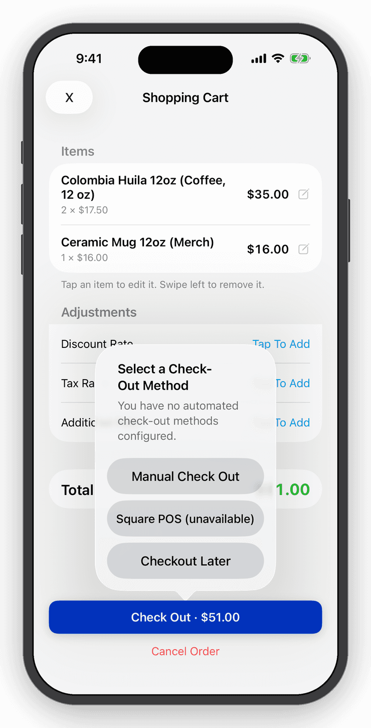 Shopping cart checkout in Inventory Now offering Square POS and manual checkout