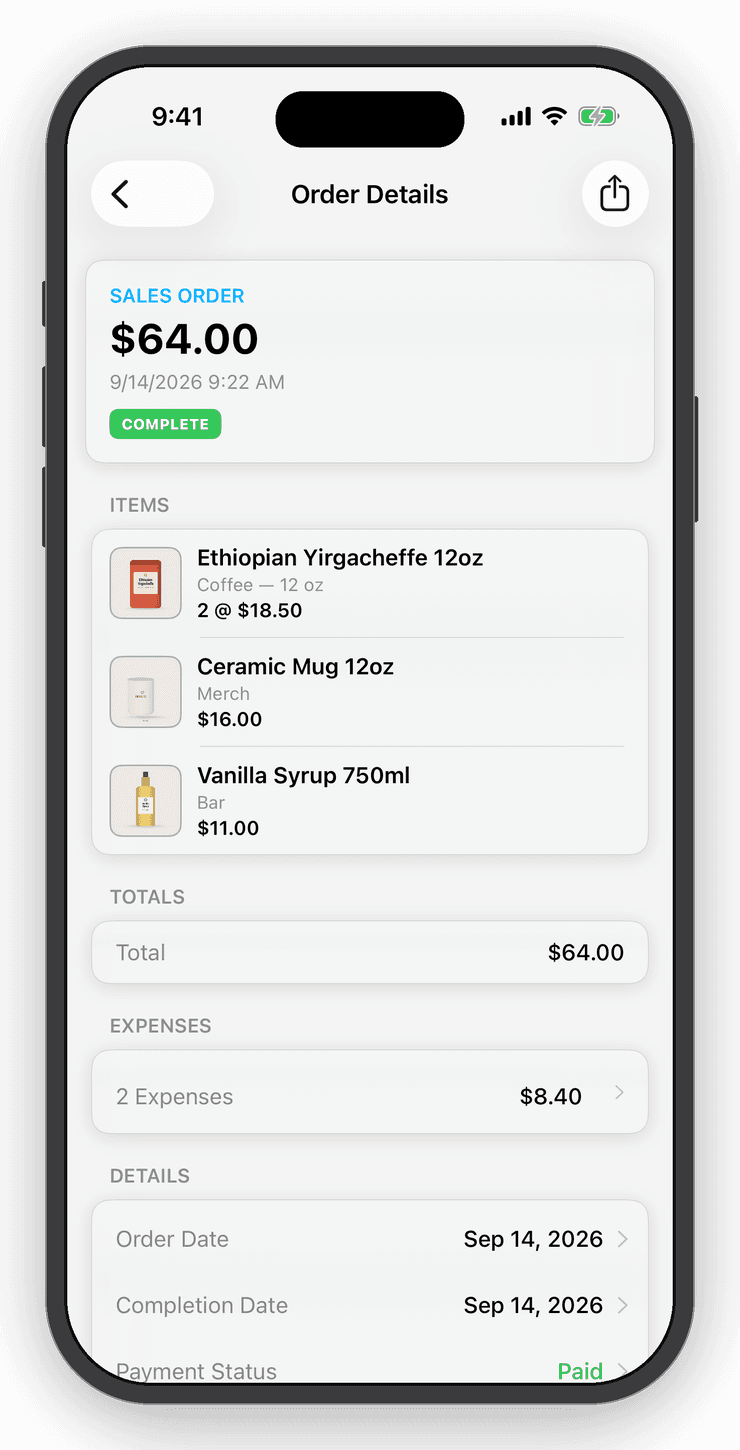 Order detail screen with line items, expenses and true profit