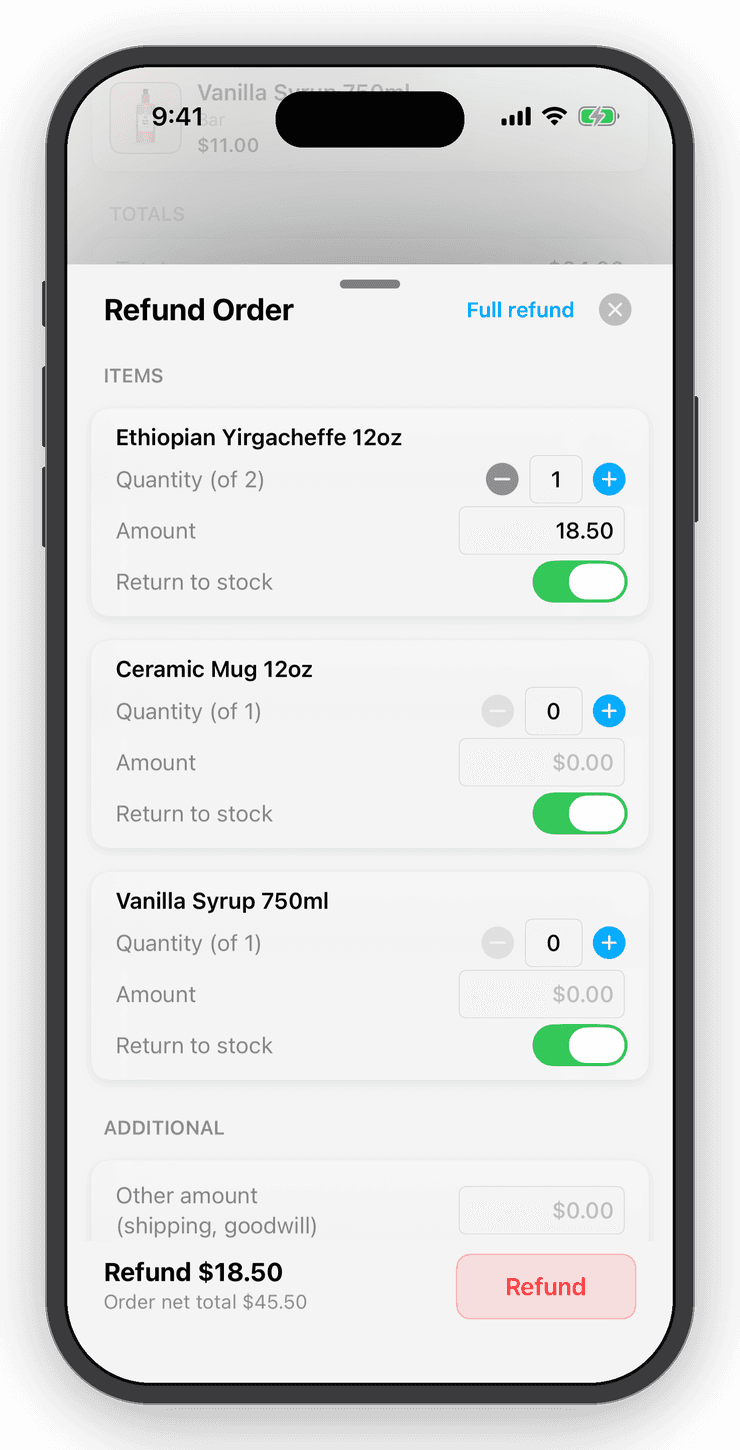 Refund sheet with per-line quantities and a return-to-stock switch
