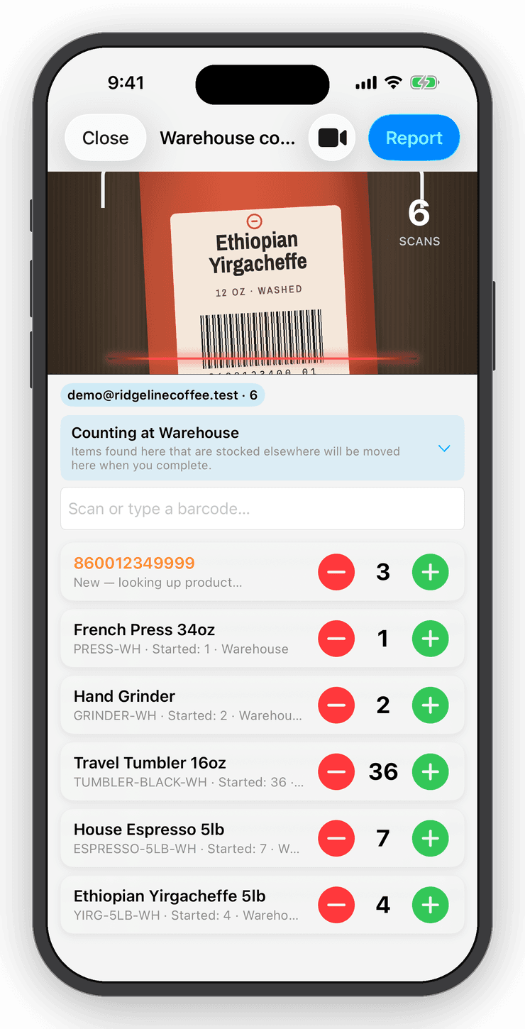 Stocktake scan session counting items in a warehouse