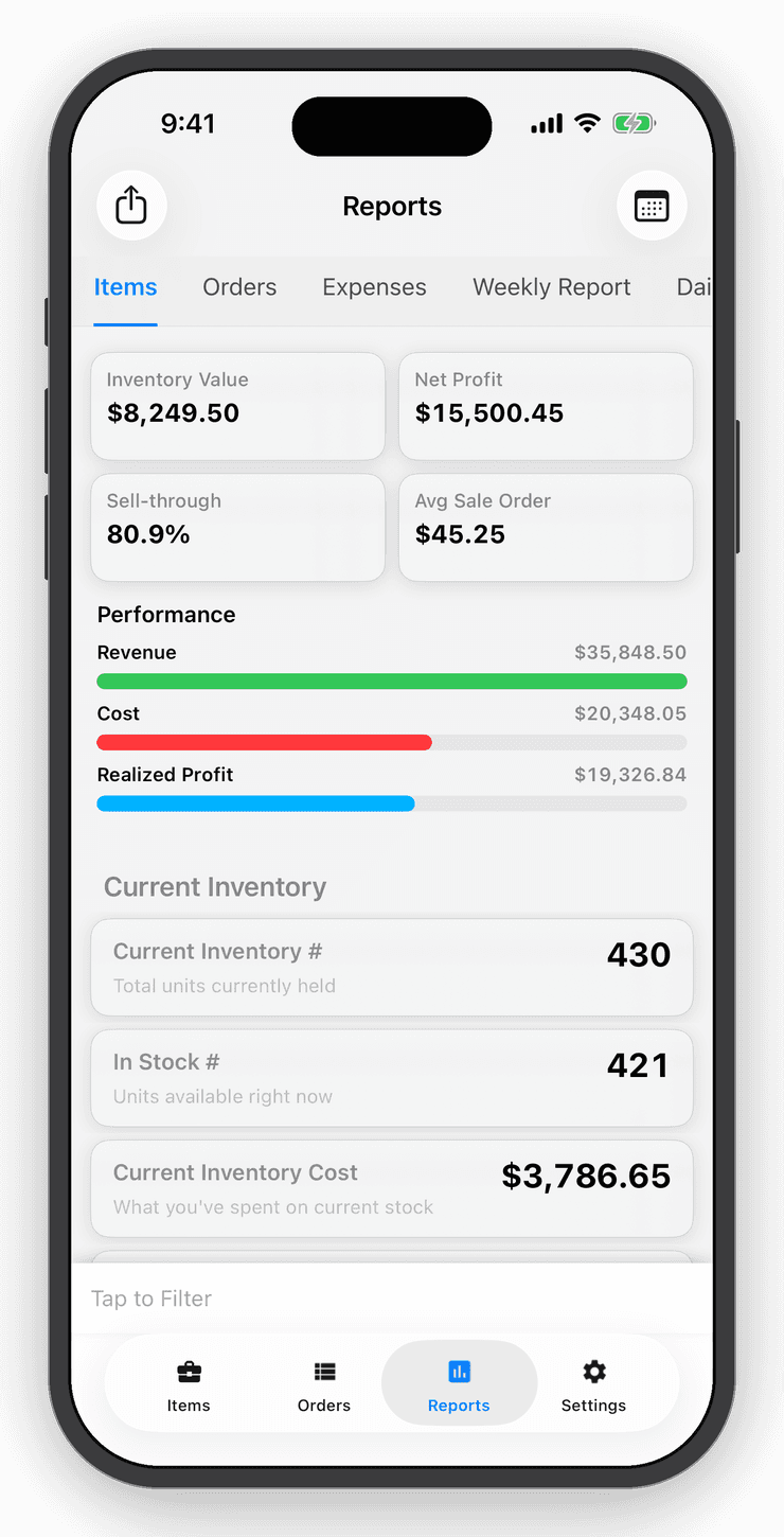 Inventory Now reports summary on iPhone