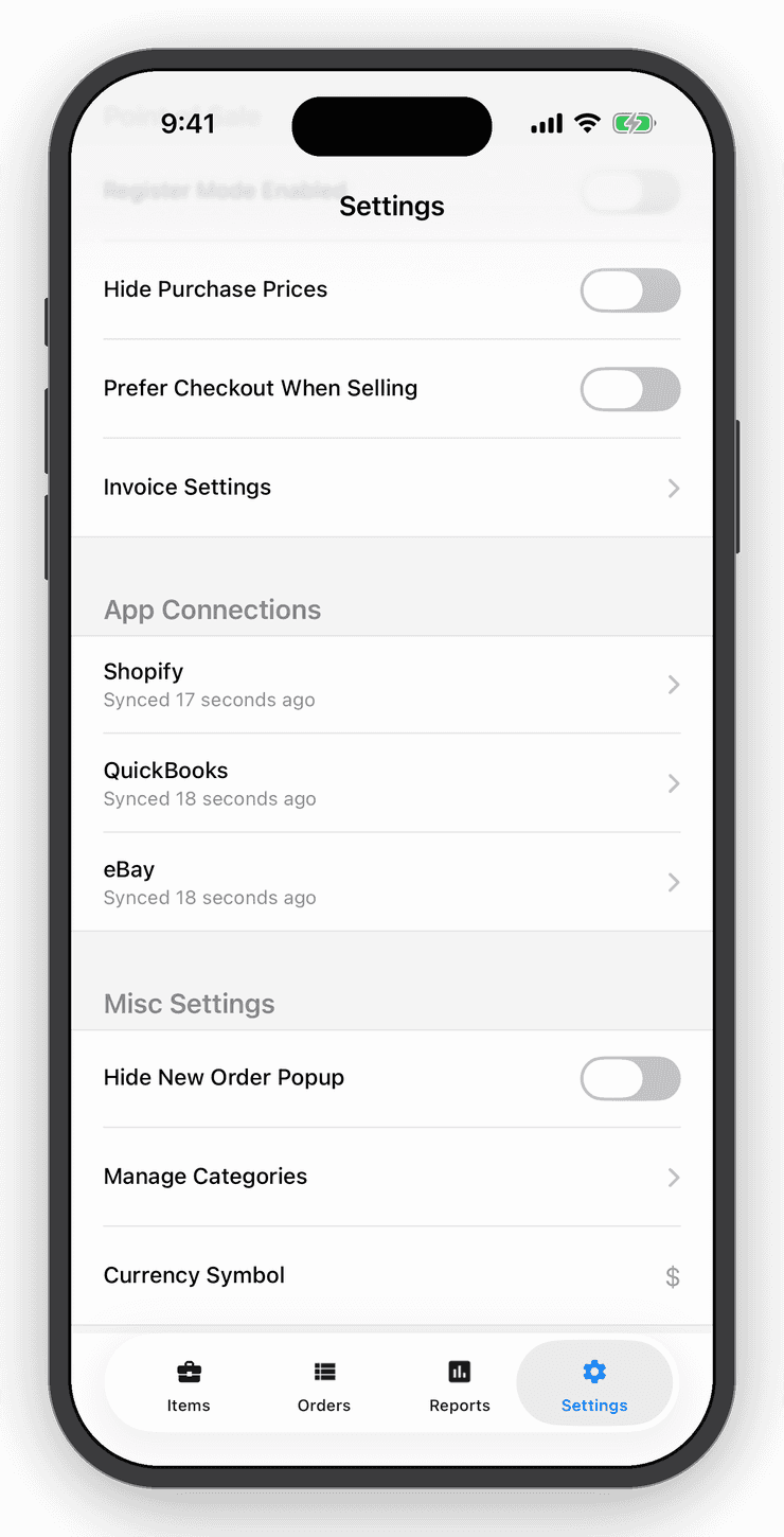 App Connections settings listing Shopify, eBay and QuickBooks