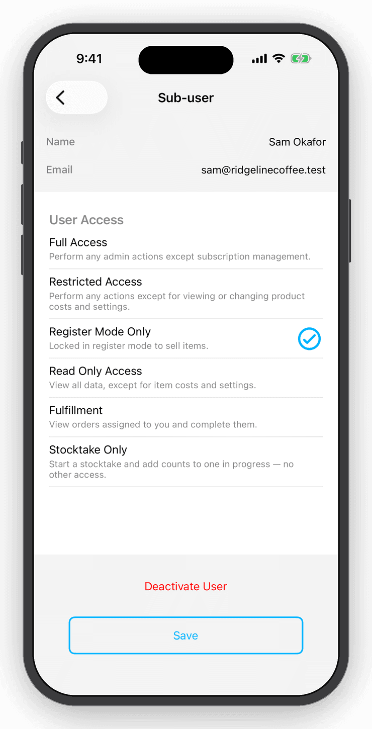 Sub-user permissions screen