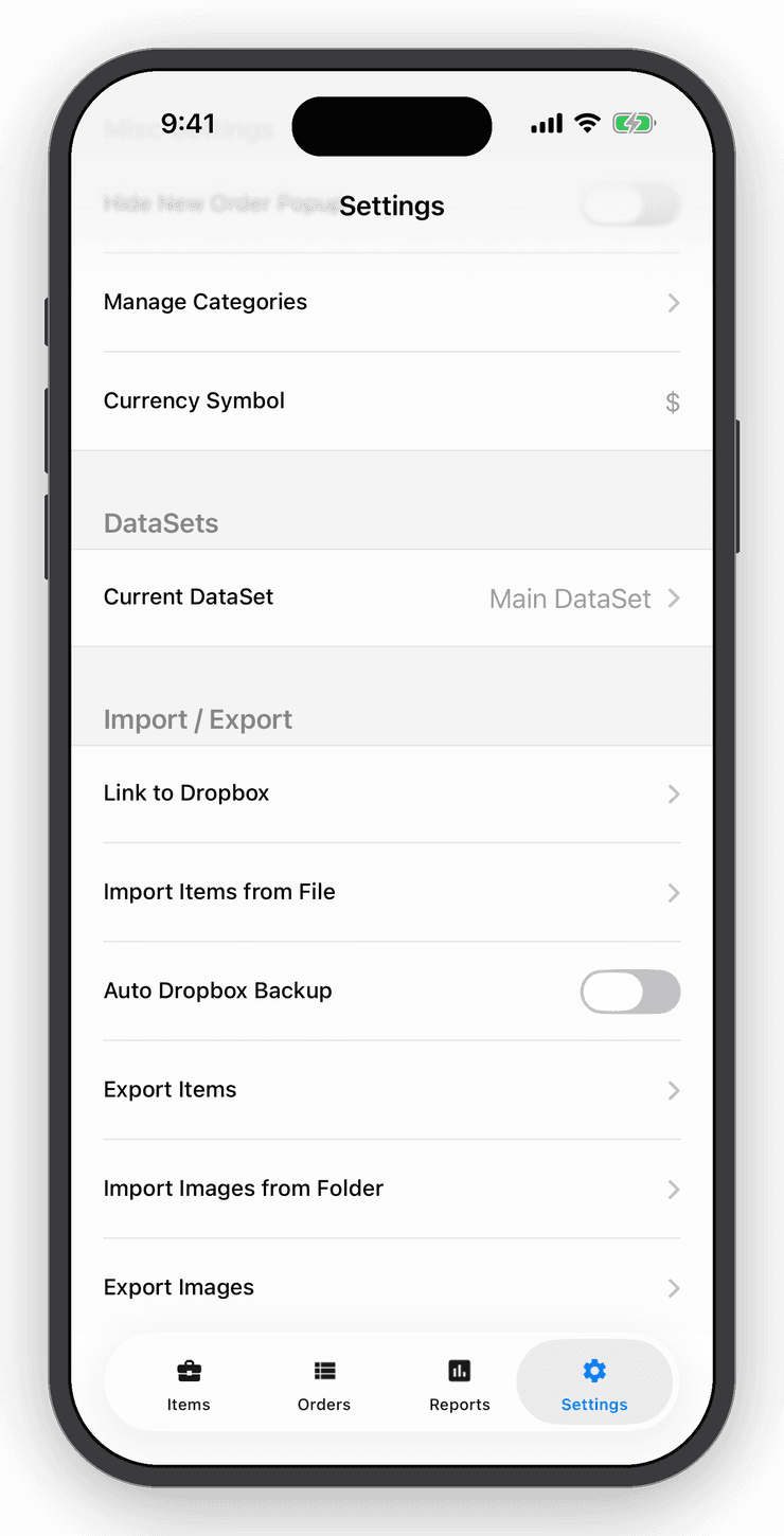 Import and export settings with CSV, PDF and Dropbox backup options
