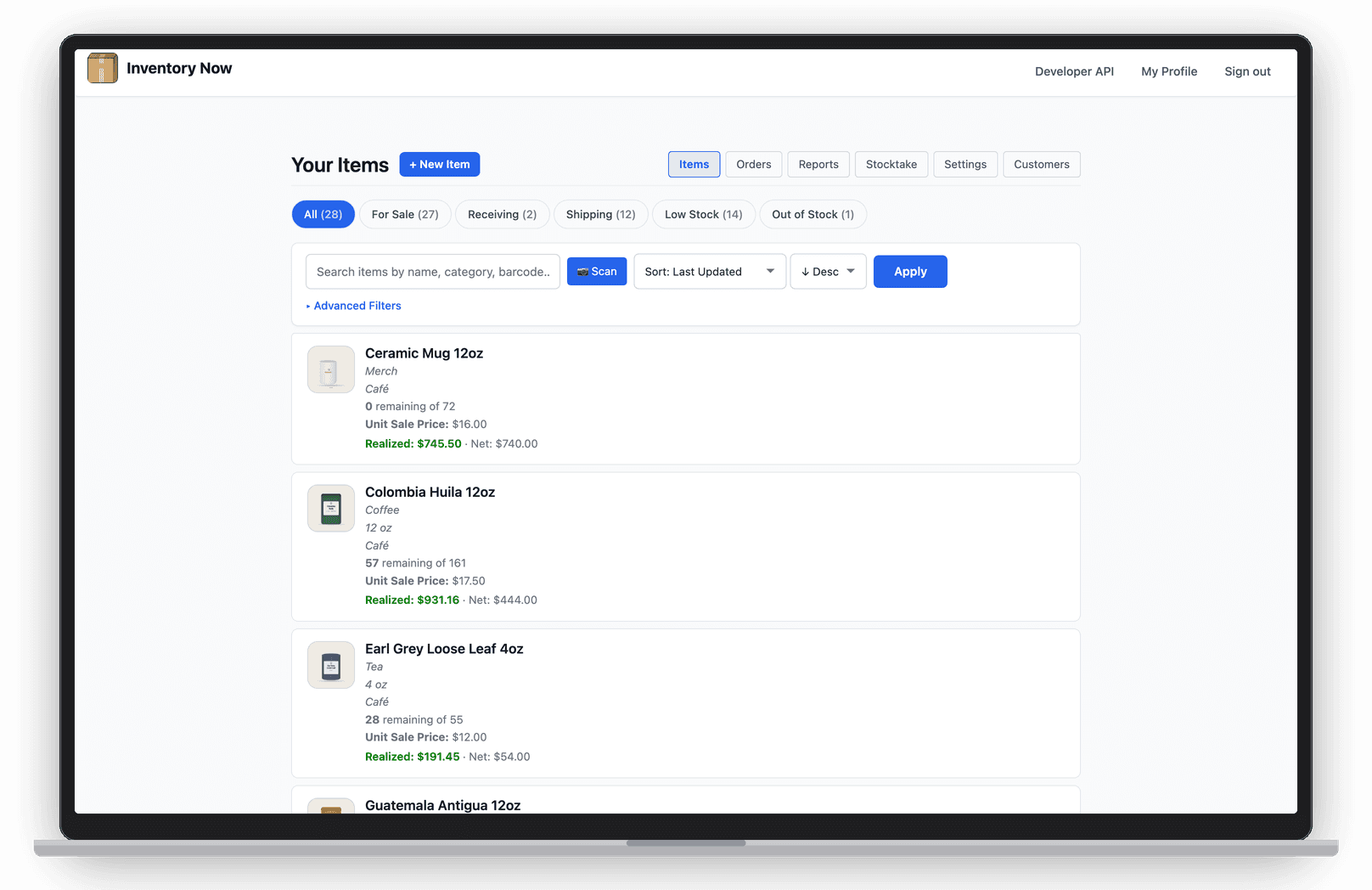 Inventory Now web app items list on a laptop